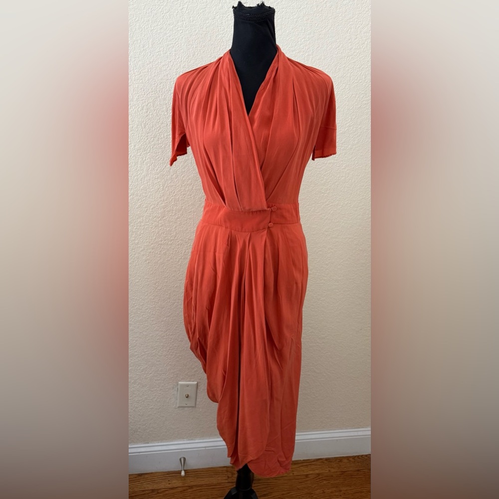 Bianca Spender Burnt Orange Silk Backless Asymmetrical Wrap Dress Size US 4